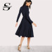 Sheinside Navy Mock Neck Fit and Flare Dress Women Long Sleeve Party Dresses Fall Office Ladies High Waist Elegant Midi Dress