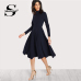 Sheinside Navy Mock Neck Fit and Flare Dress Women Long Sleeve Party Dresses Fall Office Ladies High Waist Elegant Midi Dress