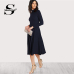 Sheinside Navy Mock Neck Fit and Flare Dress Women Long Sleeve Party Dresses Fall Office Ladies High Waist Elegant Midi Dress