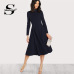 Sheinside Navy Mock Neck Fit and Flare Dress Women Long Sleeve Party Dresses Fall Office Ladies High Waist Elegant Midi Dress