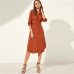 Sheinside Orange Knot Back Curved Hem Shirt Dress Women Long Sleeve Office Ladies Work Dresses 2019 Elegant Womens Midi Dress