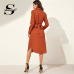 Sheinside Orange Knot Back Curved Hem Shirt Dress Women Long Sleeve Office Ladies Work Dresses 2019 Elegant Womens Midi Dress