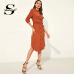 Sheinside Orange Knot Back Curved Hem Shirt Dress Women Long Sleeve Office Ladies Work Dresses 2019 Elegant Womens Midi Dress