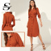 Sheinside Orange Knot Back Curved Hem Shirt Dress Women Long Sleeve Office Ladies Work Dresses 2019 Elegant Womens Midi Dress