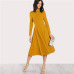 Sheinside Plain Fit and Flare Elegant Midi Dress Office Ladies Mock Neck Pleated A Line Women Long Sleeve Fall Party Dress