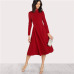 Sheinside Plain Fit and Flare Elegant Midi Dress Office Ladies Mock Neck Pleated A Line Women Long Sleeve Fall Party Dress