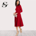 Sheinside Plain Fit and Flare Elegant Midi Dress Office Ladies Mock Neck Pleated A Line Women Long Sleeve Fall Party Dress