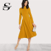 Sheinside Plain Fit and Flare Elegant Midi Dress Office Ladies Mock Neck Pleated A Line Women Long Sleeve Fall Party Dress