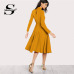 Sheinside Plain Fit and Flare Elegant Midi Dress Office Ladies Mock Neck Pleated A Line Women Long Sleeve Fall Party Dress