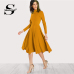 Sheinside Plain Fit and Flare Elegant Midi Dress Office Ladies Mock Neck Pleated A Line Women Long Sleeve Fall Party Dress