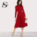 Sheinside Plain Fit and Flare Elegant Midi Dress Office Ladies Mock Neck Pleated A Line Women Long Sleeve Fall Party Dress