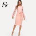 Sheinside Plain Flower Applique Elegant Bodycon Party Dress Office Mesh Sleeve Knee Length Belted Women Pencil Midi Dresses