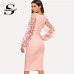 Sheinside Plain Flower Applique Elegant Bodycon Party Dress Office Mesh Sleeve Knee Length Belted Women Pencil Midi Dresses