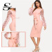 Sheinside Plain Flower Applique Elegant Bodycon Party Dress Office Mesh Sleeve Knee Length Belted Women Pencil Midi Dresses