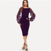 Sheinside Purple Elegant Bodycon Dresses For Woman Party Dress Flower Applique Mesh Sleeve Form Fitting Women Midi Dress