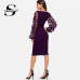 Sheinside Purple Elegant Bodycon Dresses For Woman Party Dress Flower Applique Mesh Sleeve Form Fitting Women Midi Dress