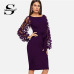 Sheinside Purple Elegant Bodycon Dresses For Woman Party Dress Flower Applique Mesh Sleeve Form Fitting Women Midi Dress