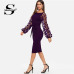 Sheinside Purple Elegant Bodycon Dresses For Woman Party Dress Flower Applique Mesh Sleeve Form Fitting Women Midi Dress