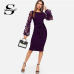 Sheinside Purple Elegant Bodycon Dresses For Woman Party Dress Flower Applique Mesh Sleeve Form Fitting Women Midi Dress