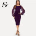 Sheinside Purple Elegant Bodycon Dresses For Woman Party Dress Flower Applique Mesh Sleeve Form Fitting Women Midi Dress