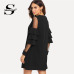 Sheinside Ruffle Long Sleeve Black A Line Work Dresses Ladies Contrast Mesh Tiered Layer Straight Women Elegant Mini Dress