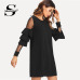 Sheinside Ruffle Long Sleeve Black A Line Work Dresses Ladies Contrast Mesh Tiered Layer Straight Women Elegant Mini Dress