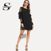 Sheinside Ruffle Long Sleeve Black A Line Work Dresses Ladies Contrast Mesh Tiered Layer Straight Women Elegant Mini Dress