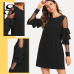 Sheinside Ruffle Long Sleeve Black A Line Work Dresses Ladies Contrast Mesh Tiered Layer Straight Women Elegant Mini Dress