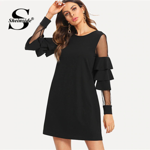 Sheinside Ruffle Long Sleeve Black A Line Work Dresses Ladies Contrast Mesh Tiered Layer Straight Women Elegant Mini Dress