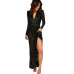 Sheinside Sexy Wrap Sheer Club Dress Women Black Deep V Neck Shoulder Pads Maxi Dresses Casual Long Sleeve Dress