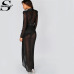 Sheinside Sexy Wrap Sheer Club Dress Women Black Deep V Neck Shoulder Pads Maxi Dresses Casual Long Sleeve Dress