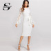 Sheinside White Embroidery Contrast Mesh Belted Pencil Dress Solid Knot Zipper Dress 2018 Spring Women OL Bodycon Dress