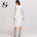 Sheinside White Embroidery Contrast Mesh Belted Pencil Dress Solid Knot Zipper Dress 2018 Spring Women OL Bodycon Dress