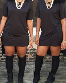 Simple O Neck Short Sleeves Black Cotton Blend Mini Dress (Without Accessories) Simple O Neck Short Sleeves Black Cotton Blend Mini Dress (Without Accessories)