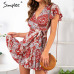 Simplee Bohemian print summer dress women Ruffled short sleeve sashes mini dress Wrap v-neck sexy ladies dresses vestidos 2019