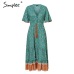 Simplee Bohemian print summer dress women Short sleeve ruffled long maxi dress Elegant v-neck drawstring ladies cotton dresses