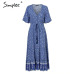 Simplee Bohemian print summer dress women Short sleeve ruffled long maxi dress Elegant v-neck drawstring ladies cotton dresses