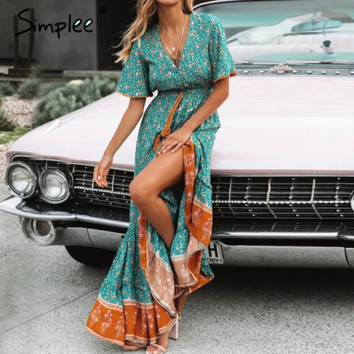 Simplee Bohemian print summer dress women Short sleeve ruffled long maxi dress Elegant v-neck drawstring ladies cotton dresses