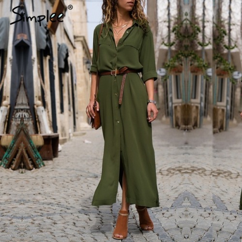 Simplee Casual button long summer dress shirt 2018  office lady Vintage maxi women dress plus size V neck chiffon dress festa