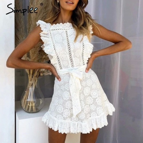 Simplee Elegant embroidery lace women dress Hollow out sashes ruffle white summer dress Slim sexy party lady dress vestidos 2019