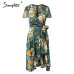 Simplee Elegant floral print satin women dress Wrap v neck high waist summer dresses Sexy bow tie green casual female vestidos