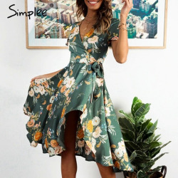 Simplee Elegant floral print satin women dress Wrap v neck high waist summer dresses Sexy bow tie green casual female vestidos