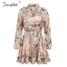 Simplee Elegant floral print women short shirt dress V neck long sleeve ruffle satin vestidos Spring casual plus size sundress