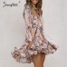 Simplee Elegant floral print women short shirt dress V neck long sleeve ruffle satin vestidos Spring casual plus size sundress