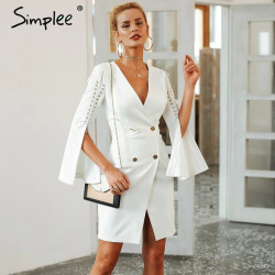 Simplee Elegant lace up split blazer women dress Autumn 2019 double breasted white dress Office slim ladies dresses vestidos