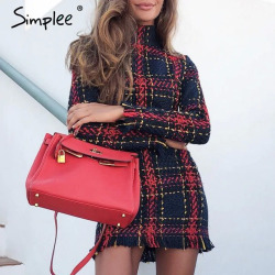 Simplee Elegant plaid tweed women dress winter Office lady long sleeve warm christmas dress Vintage sexy autumn dresses festa