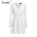 Simplee Elegant pleated chiffon women dress summer 2019 Long sleeve v neck ruffles white dresses Casual mini dress vestidos