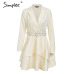 Simplee Elegant ruffle turndown collar white dress Sash high waist women dress Autumn winter long sleeve sexy dresses female