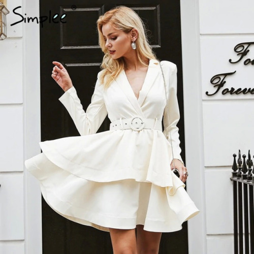 Simplee Elegant ruffle turndown collar white dress Sash high waist women dress Autumn winter long sleeve sexy dresses female