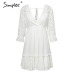 Simplee Elegant v neck embroidery women dress Ruffle pleated cotton lace up summer dresses Casual sexy hollow out dress festa